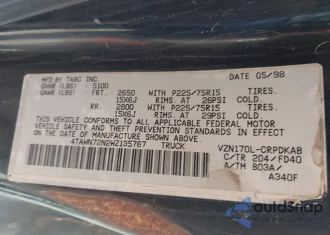 1998 Toyota Tacoma Base V6 z USA, uszkodzony, nr VIN 4TAWN72N2WZ135767